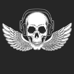 Rock music festival. Cool print with skull and headphones for poster, banner, t-shirt.