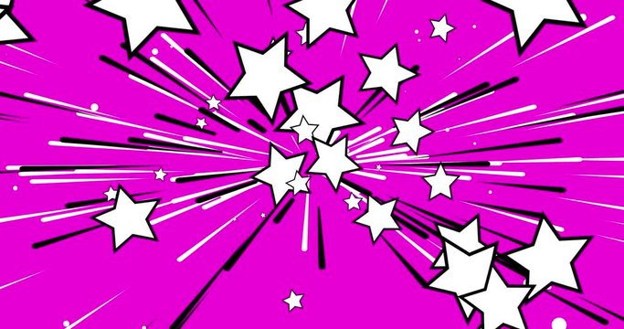 comic starburst, animated cartoon, many big white comic stars with black outlines, stripes and sparkles flying explosive and perspective from centre outwards on pink, retro pop art design, 4k loop