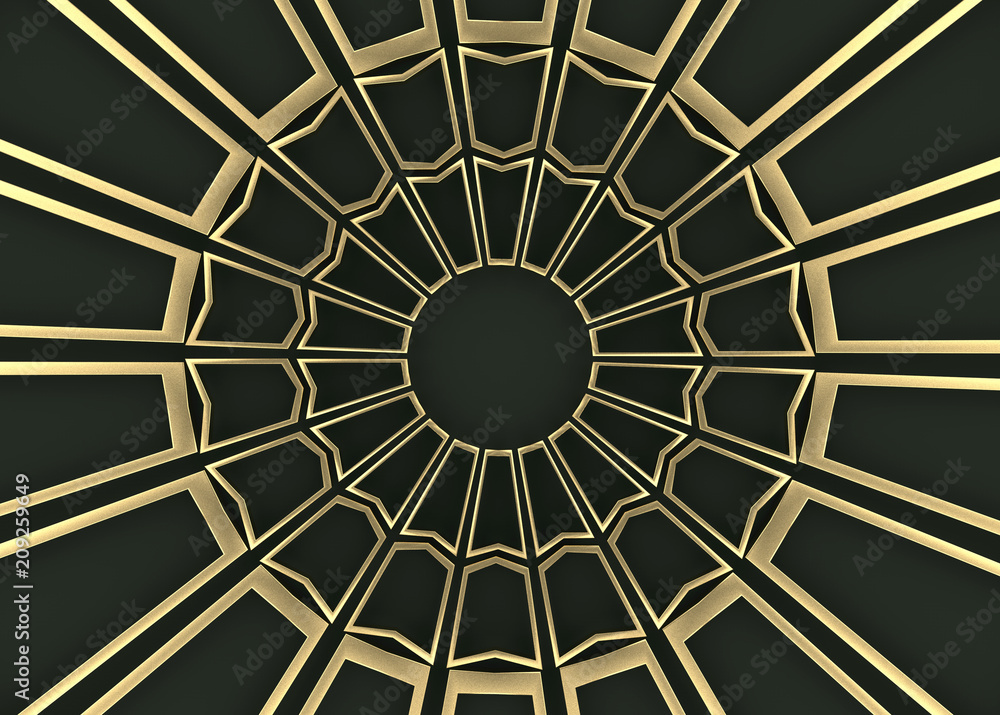 Poster 3d rendering. Golden rectangle pattern arrange in circle shape wall background.