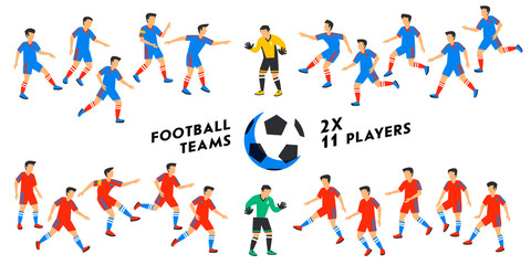 Football team set. Two full Football teams, 11 players. Soccer players on different positions playing football. Spectacular sport. Colorful flat style illustration. vector illustration Soccer players