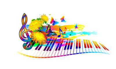 Music summer festival background with piano keyboard, flowers, music notes and butterfly