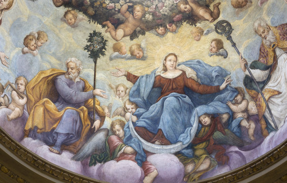 PARMA, ITALY - APRIL 17, 2018: The fresco Assumption of Virgin Mary with the st. Joseph in the cupola of church Chiesa di Santa Lucia by Alessandro Baratta from 17. cent.