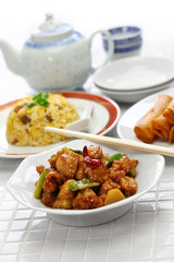 general tso’s chicken, fried rice, spring rolls, american chinese cuisine