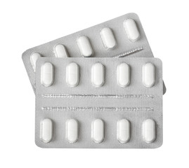 Silver blister packs pills isolated on white background - obrazy, fototapety, plakaty