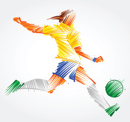 Brazilian woman soccer player kicking the ball made of colorful brushstrokes on light background