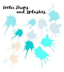 Blue Vector Splashes, Hand Painted Watercolor Bang. Indian Holi Color Festival, Paint Burst, Water Splash. Blue Holi Paint Burst, Vector Craft Logo Element. Uneven Texture Graffiti Shapes, Buttons.