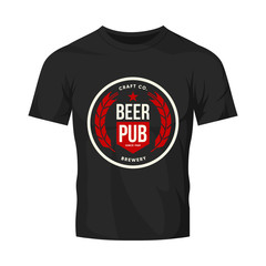 Modern craft beer drink vector logo sign for bar, pub, brewhouse or brewery isolated on black t-shirt mock up.
Brewing fest fashion round badge design.