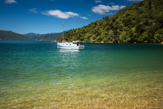 Yacht Anchored in Marlborough Sounds, New Zealand