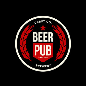 Modern craft beer drink vector logo sign for bar, pub, brewhouse or brewery isolated on dark.
Premium quality logotype tee print badge illustration. Brewing fest fashion t-shirt emblem design.