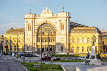 Fototapeta premium View on the eastern railway station with Gabor Baross statue during the sunset in Budapest city, Hungary