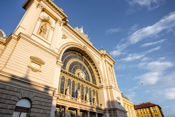 View on the fasade of eastern railway station during the sunset in Budapest city, Hungary