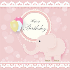 Elephant and balloons with Round retro frame Greeting card, Happy Birthday card, Shower card pink background