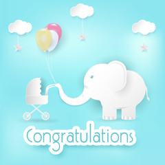 Elephant and balloons with baby stroller Congratulations card blue background