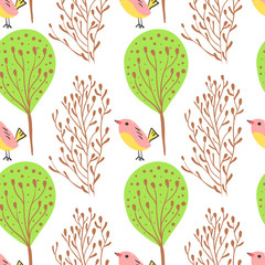 Forest simple sketh drawn hand seamless pattern with birds and forest . For wallpapers, web background, textile, wrapping, fabric, kids design. Scandinavian style
