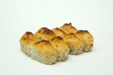 tasty fresh sushi rolls lying on a white background