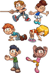 Cartoon kids performing different actions. Vector clip art illustration with simple gradients. Each on a separate layer. 