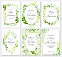 Wedding invitation with green leaves border. Floral invite modern card template set. Vector illustration.