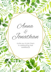 Obraz premium Zaproszenie na ślub z obramowaniem zielonych liści. Zaproszenie kwiatowy nowoczesny szablon karty. Ilustracji wektorowych.