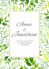 Wedding invitation with green leaves border. Floral invite modern card template. Vector illustration.