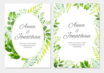 Wedding invitation with green leaves border. Floral invite modern card template set. Vector illustration.