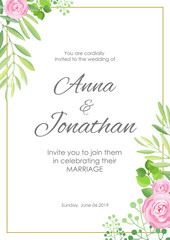 Wedding invitation. Green leaves and flowers frame template. Vector illustration.