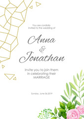 Wedding invitation. Green leaves and flowers geometric frame. Floral background. Vector illustration.
