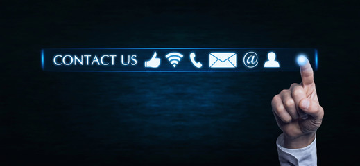 Hand pressing contact us buttons. Customer support concept
