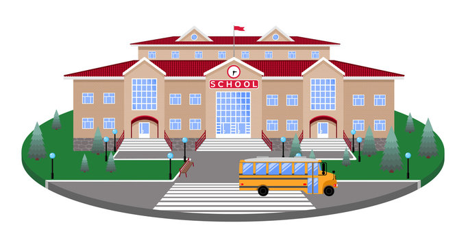 school, classic light brick building with red roof, clock, flag ,firs, lanterns, benches, bus.On the circular platform of the lawn to the road,pedestrian crossing,with 3D effect section.isolated image