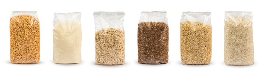 Set of Plastic transparent bags with full of groats isolated on white background. Packages with peas, semolina, rice, seeds, buckwheat grain, oat flakes. Mockup.