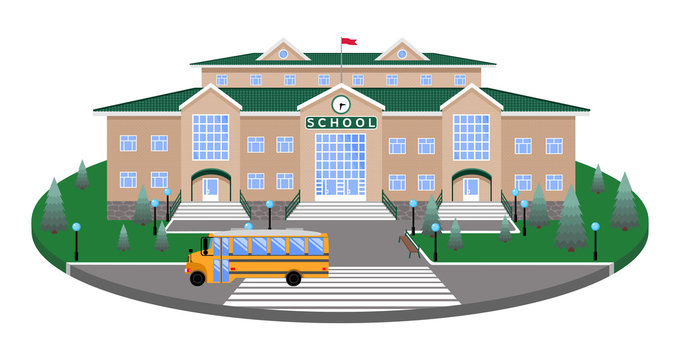 school,classic light brick building with green roof, clock, flag ,fir, lantern, benches, bus.On the circular platform of the lawn to the road,pedestrian crossing,with 3D effect section.isolated image