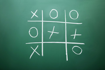 Tic tac toe game drawn by chalk on green school blackboard