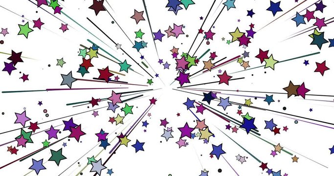 many little colourful comic stars with black outlines, stripes and sparkles flying from centre outwards, perspective and explosive starburst, retro pop art design, animated cartoon, 4k loop