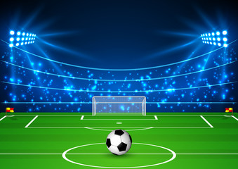 Football Stadium with a ball. Soccer field in the light of searchlights. Football World Cup. Vector illustration