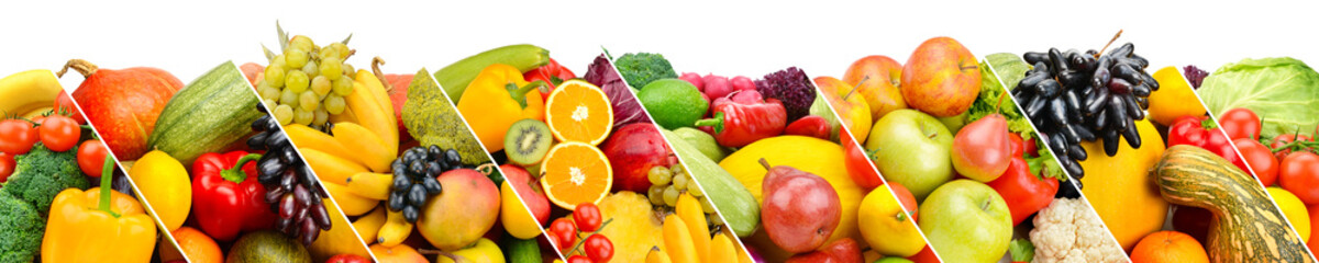Obraz na płótnie Canvas Collection fresh fruits and vegetables isolated on white background. Panoramic collage. Wide photo