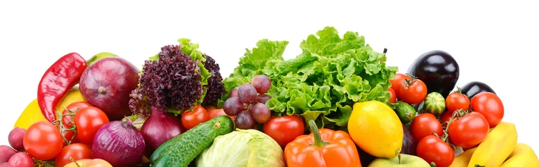 Foto op Plexiglas Verse groenten Verzamel nuttige groenten en fruit geïsoleerd op een witte achtergrond