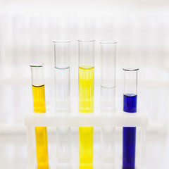 Glass tubes with color reagents stand in a laboratory tripod. Soft focus. Medical and scientific research and development concept. A square photo.