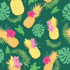 Tropical pink hibiscus flowers seamless pattern. Great for summer exotic wallpaper, backgrounds, packaging, fabric, and giftwrap projects. Surface pattern design.