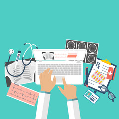 Doctor with laptop his desk studying documents of diagnostic research. Workplace doctor at table. Top view of the workplace, medical equipment. Flat design. Medical concept. Background