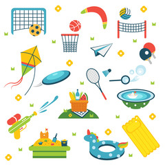 Summer holiday activity symbols set. Vector illustration set of isolated vacation summer elements. Elements flat collection of summer outdoor recreation and on the beach. Summer sport. Kids activities