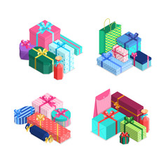 Vector isometric gift boxes piles with ribbons and bows in wrapping paper. Presents packaged in wrapping textured paper with stripes, stars and hearts