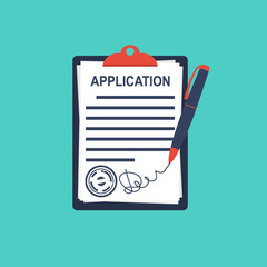Application form. Clipboard fills in the form of employment with pen. Write documents. Vector illustration in flat design style. Isolated on background.
