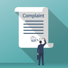 Complaint concept. Man wrote a complaint. Vector illustration flat design. Measures to solve problems. Claim petition. Sign the document on the application.