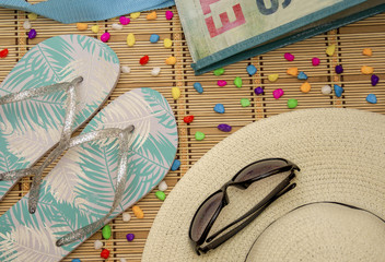 beach things-hat, glasses, Slates, bag