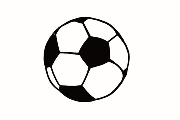 Soccer ball hand drawn simple illustration, black ball on white isolated. Football world cup icon sketch or drawing in doodles style. Sport art icon illustration. Soccer tournament