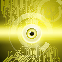 Abstract yellow background with eye and circuit. EPS10 vector background.