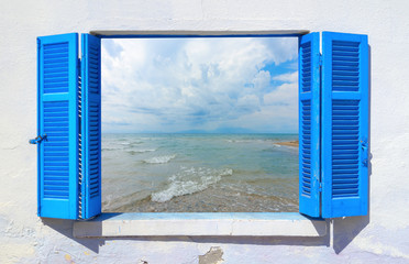 Sea view through traditional greek window - 209271861