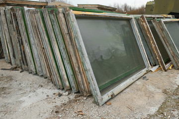 old wooden window frames with glass
