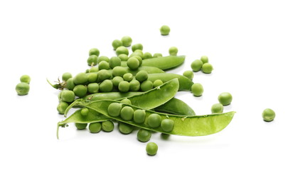 Fresh green peas with pods isolated on white background