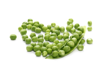 Fresh green peas with pods isolated on white background