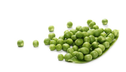 Fresh green peas with pods isolated on white background